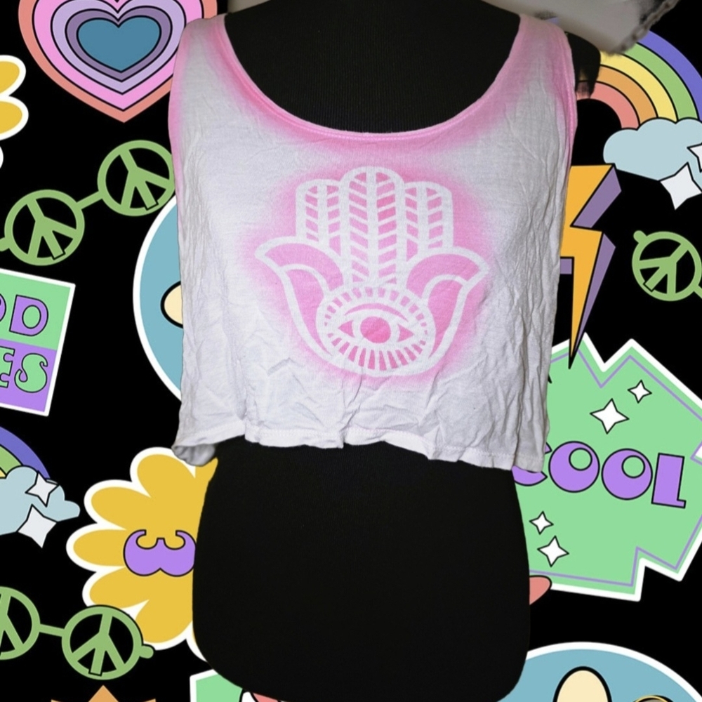 Charlotte Russe White and Pink Hamsa Crop Tank Top